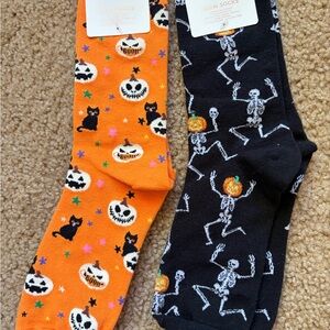 American Eagle Orange & Black Halloween Crew Socks - Pumpkins & Skeletons